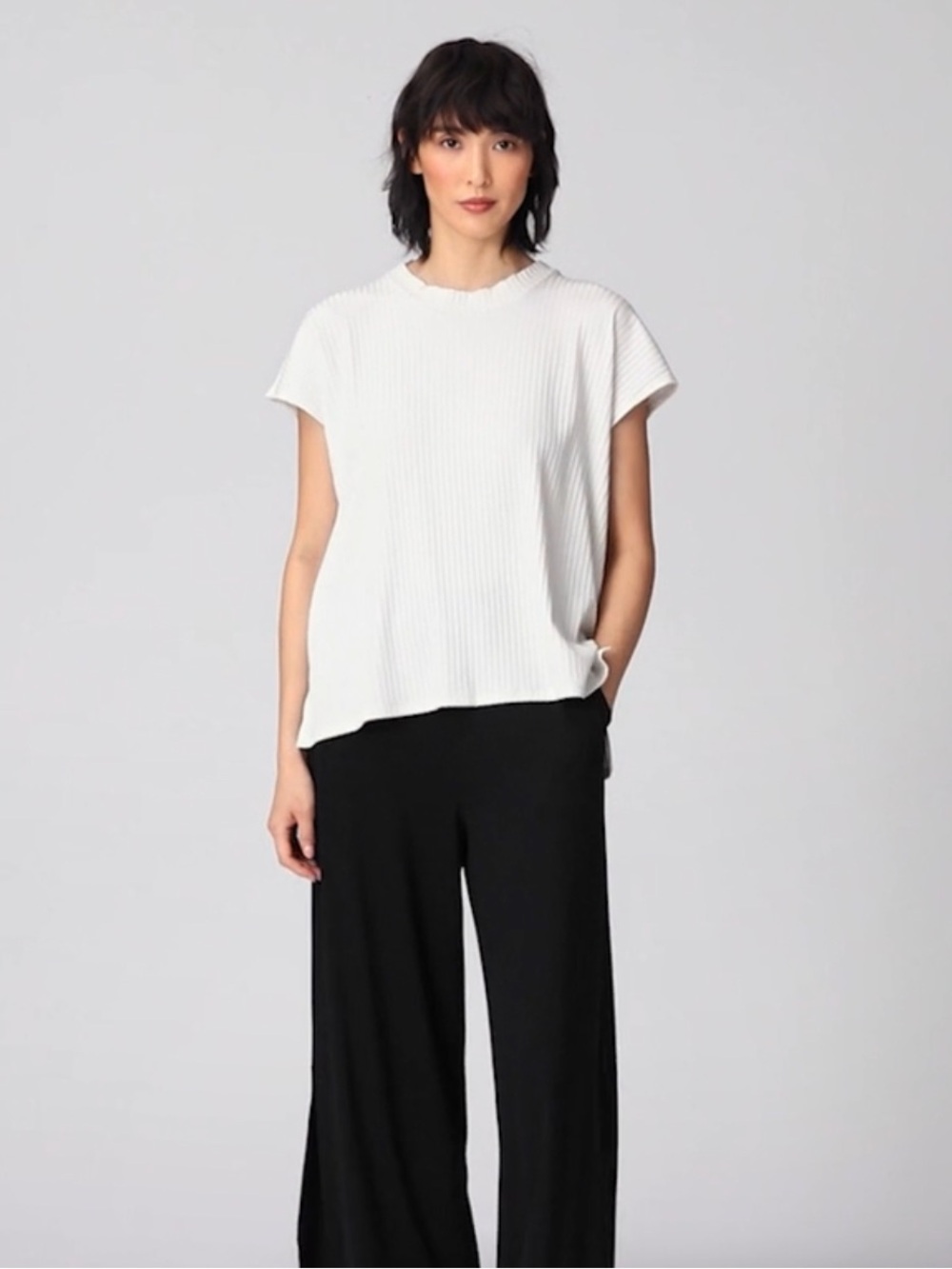 Eileen Fisher Textured Stretch Rib (Tencel) Round Neck Top in White Sz L NEW